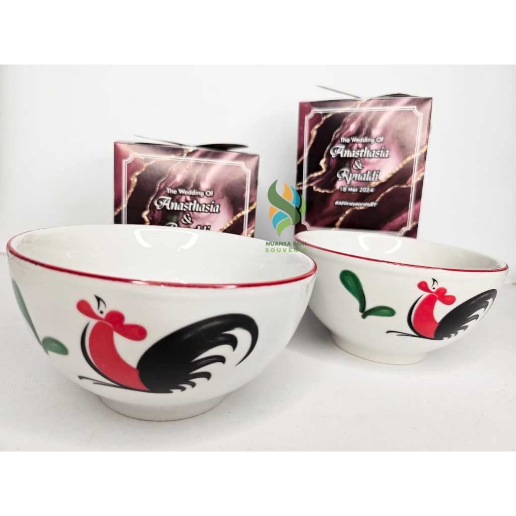 Souvenir Mangkuk Saji Sop Keramik Kopin Ayam Jago Mangkok Makan Stoneware Kemas Box Custom