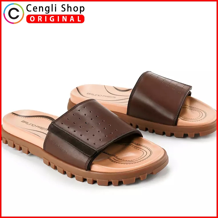 BP03 SANDAL PRIA SLIDE KICKERS BRUNO PREMI ORIGINAL SENDAL KULIT ASLI ORI COKLAT TUA DARK BROWN