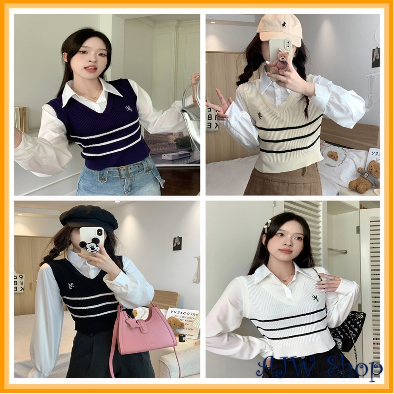 AJW Atasan Wanita Crop Top V-Neck Kerah Polo XCE | Baju Atasan Wanita Terbaru Rompi Knit Vest Polo |