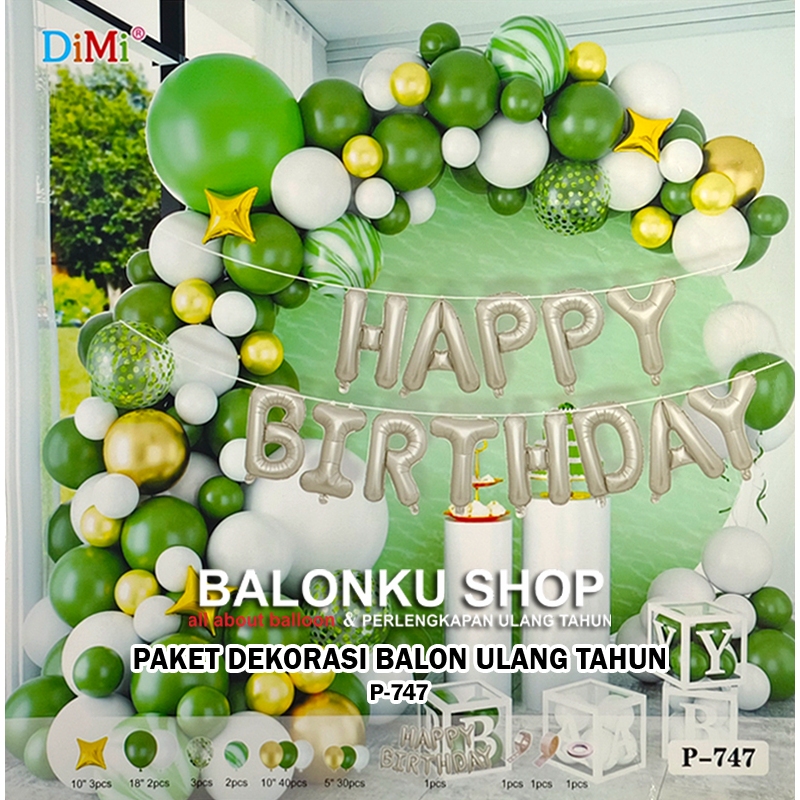 Paket Dekorasi Balon Ulang Tahun / Balon Set Sage Green Putih Gold
