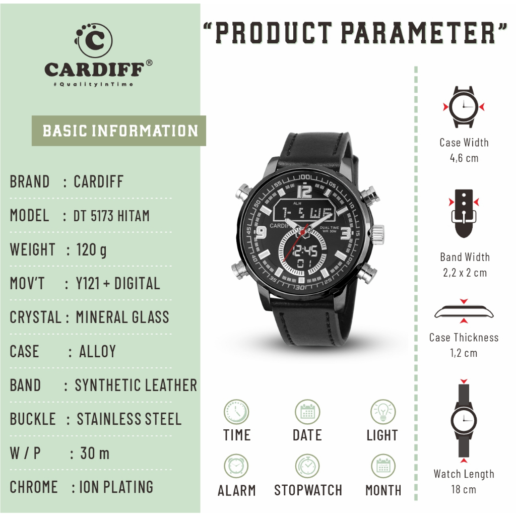 CARDIFF Dual TIme 5173 Jam Tangan Digital Analog Casual Pria Tali Kulit