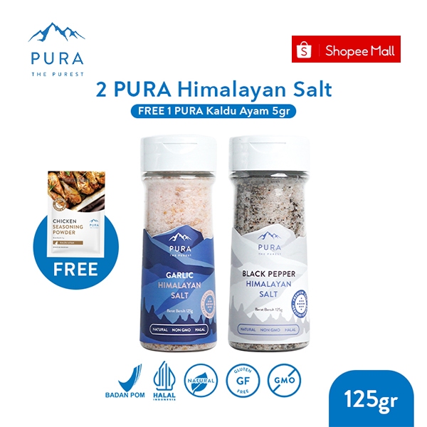 

Pura Himalayan Salt Garlic, Pepper (125gr) - Garam Himalaya - Garam Sehat Organik - Garam Natural - Garam Tanpa Rafinasi - Garam Rendah Natrium - Garam Murni