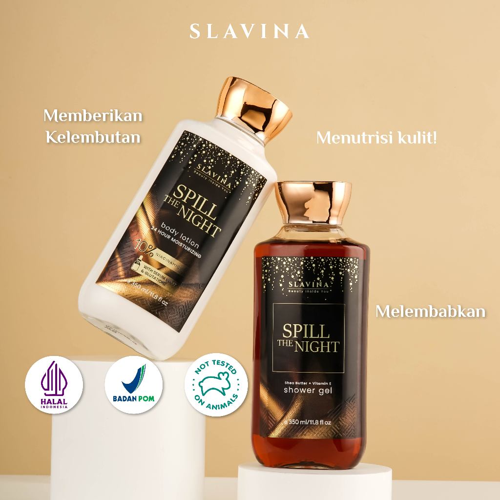 SLAVINA Spill The Night Paket Body Lotion &amp; Shower Gel - Wangi Parfum Nagita Slavina Aroma Jasmine, Sandalwood, Cherry