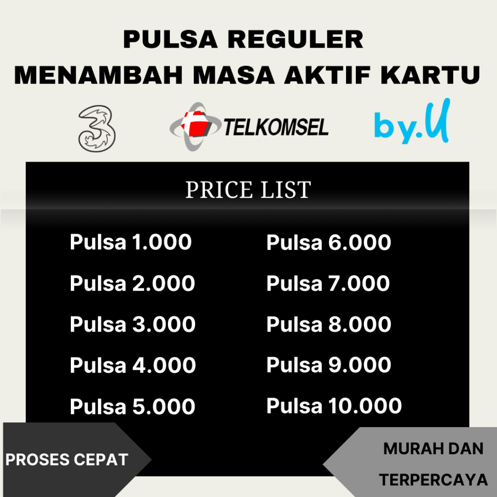 MURAH Pulsa Reguler 1k telkomsel, 1k tri, 1k by.u, pulsa 2k, 3k, 4k, 5k, 6k, 7k, 8k, 9k, 10k