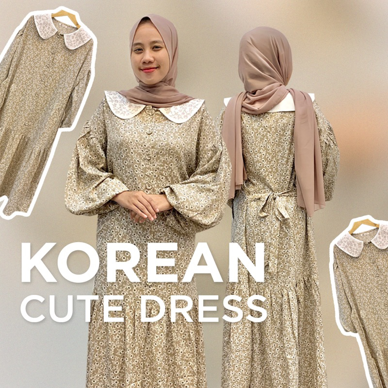 Gamis Wanita Dress Korean Style Lengan Balon Puff Long Dress Bordir