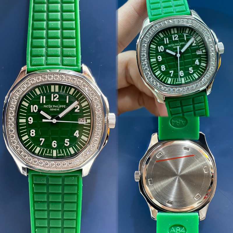 JAM TANGAN WANITA/CEWEK PATEK PHILIPPE AQUANUT 5067A DIAMOND RING STRAP KARET HIJAU SILVER TANGGAL A