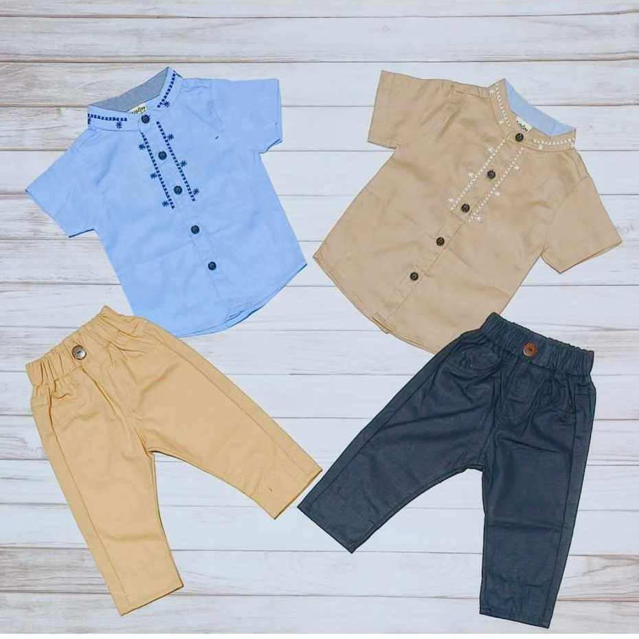 [BISA COD] (DISKON SIZE S) 0545 SETELAN KEMEJA KOKO KEMKO ANAK COWOK USON LONGPANTS (BIRU & COKLAT)