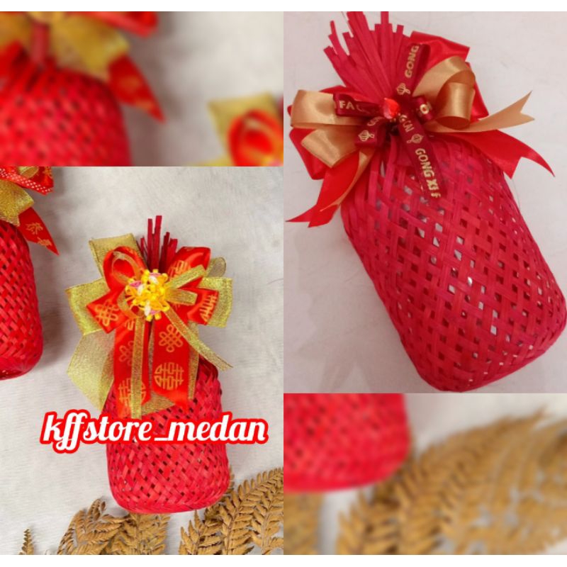 Keranjang Bambu Merah Imlek Set (Pita+Tali Kawat)