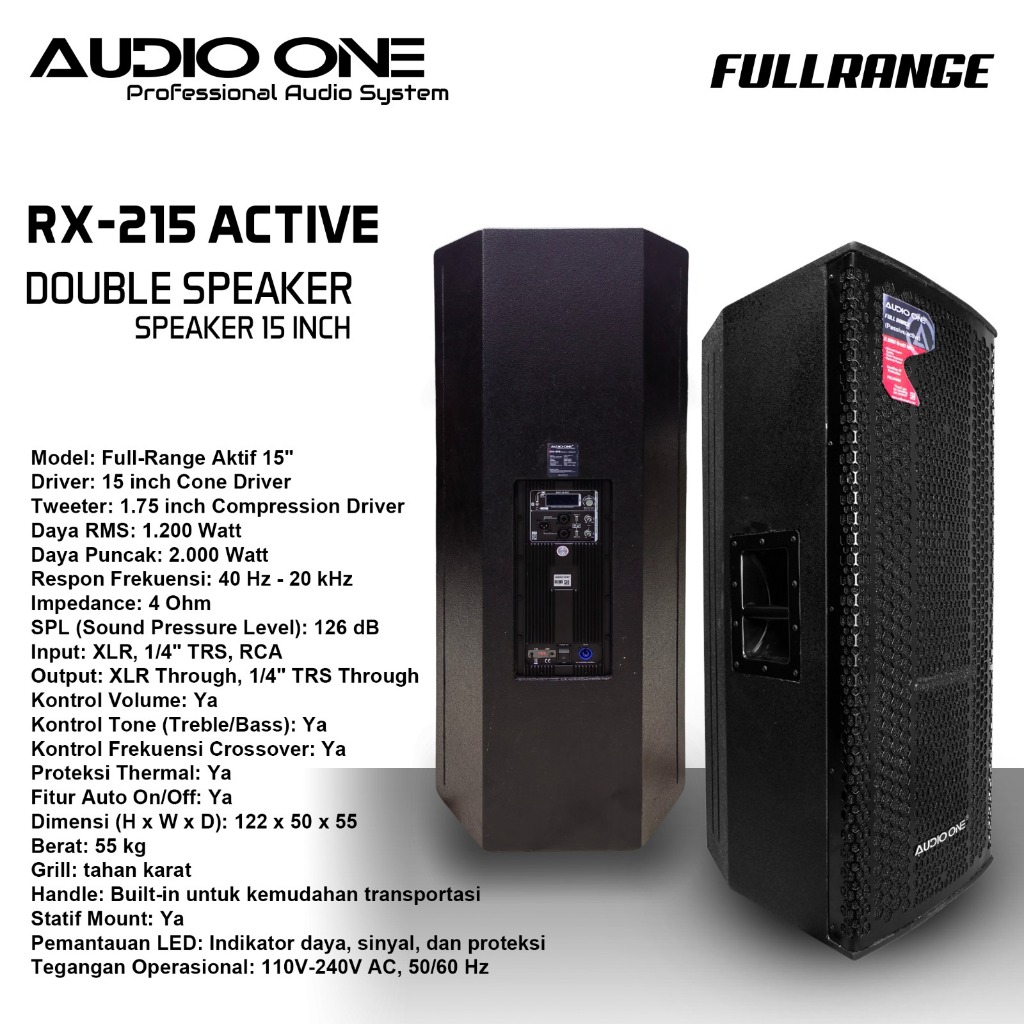 1BOX  Speaker Lapangan Audio One  Type RX 215 AKTIF MESIN F4  1200WATTRMS - Speaker 2 x 15 inch - Speaker 2 x 15inch - AKTIF