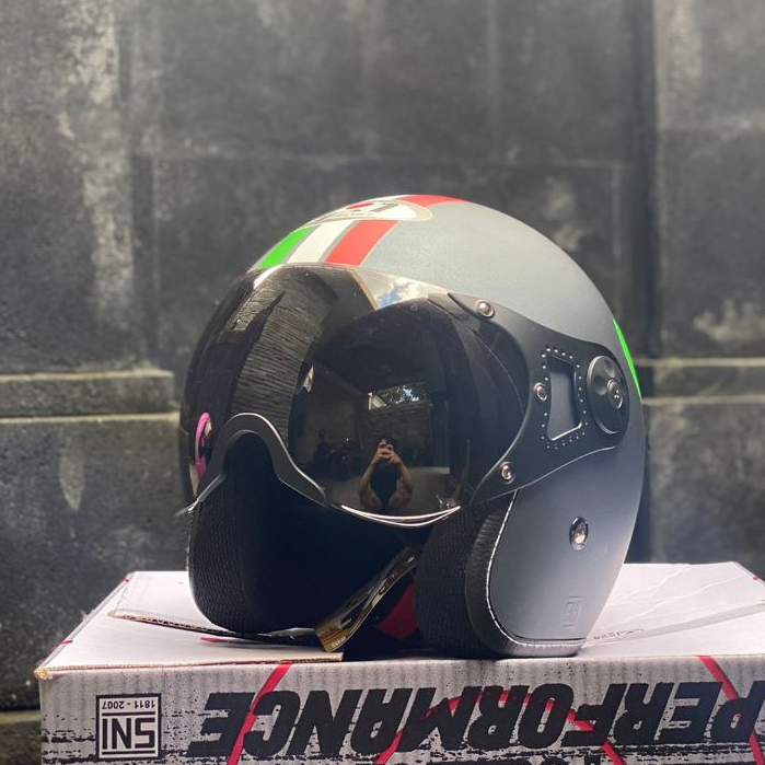 Helm Vespa Retro Classic Italian Abu Dop + Visor