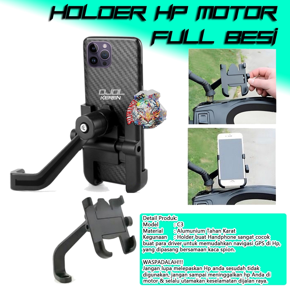 Holder Hp Motor Full Besi Alumunium Holder Hp Kaca Spion Motor C2