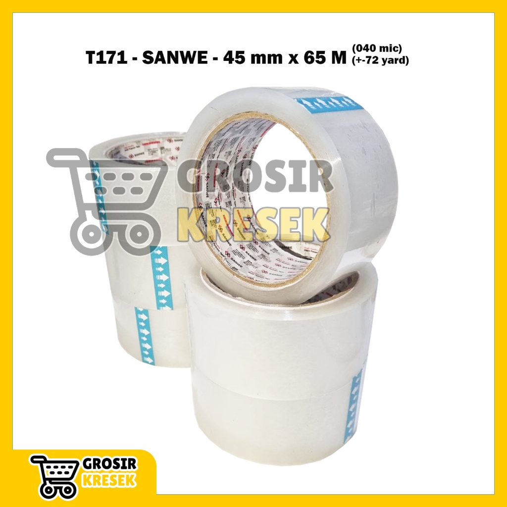 

[Grosir] T171 Lakban Bening MAX dan SANWE 45 mm x 72 yard (65 meter) 040 micron - Grosir Isolasi Plester Transparan Core Black
