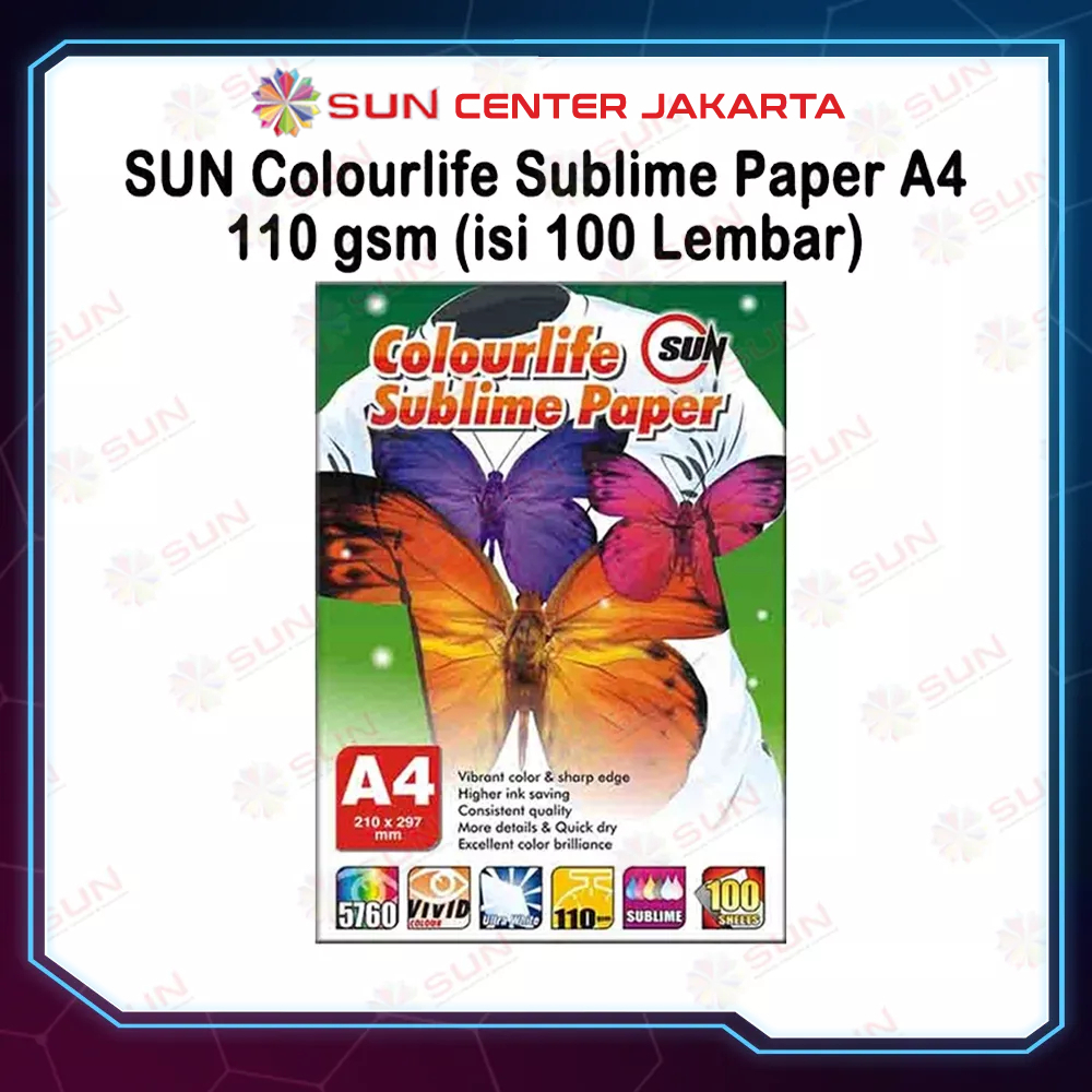 

Kertas Sablon Sublim Transfer Paper SUN Colourlife Sublime Paper A4 isi 100 Lembar
