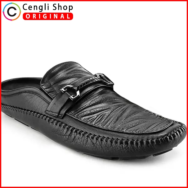 PLF2 SEPATU SANDAL PRIA PLAYBOY ORIGINAL SENDAL SLIP ON KULIT TERBARU HITAM