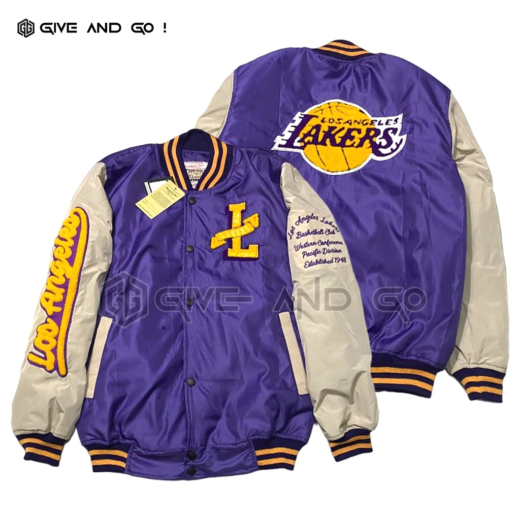 jaket Varsity baseball Ungu Cream Pria Wanita JunasCloth  Lakers Purple