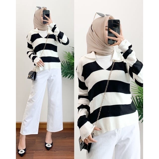 sweater Fuji crop rajut strip blaster wanita/sweater rajut wanita crop/atasan rajut wanita crop