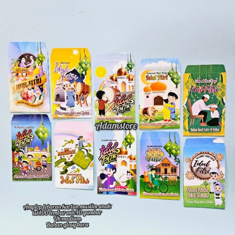 

amplop ampau lebaran kartun muslim anak serie k bahan glosy isi 100 lembar mix 10 gambar