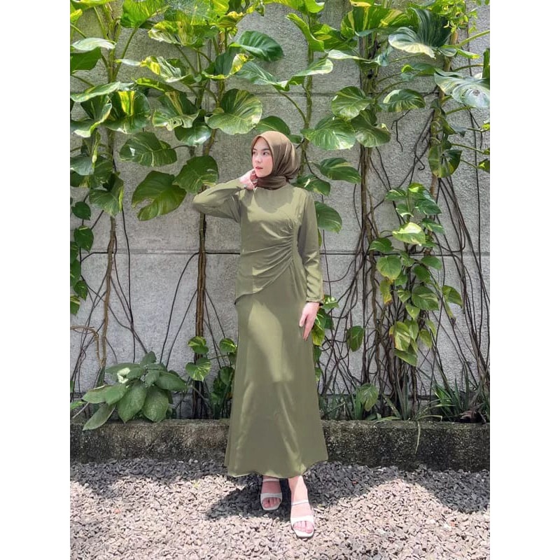 Fayra Dress Fresia Silk Premium Lamaran Gamis Kondangan Lengan Balon Terbaru 2024 Rampel Kerut Depan