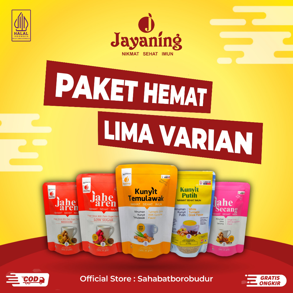 

Jayaning Paket Hemat 5 Varian Jahe Merah/Jahe Aren/Jahe Secang/Kunyit Temulawak/Kunyit Putih