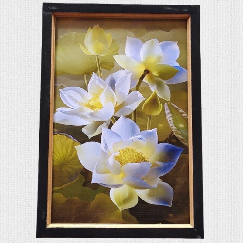 lukisan cetak gambar bunga putih plus bingkai