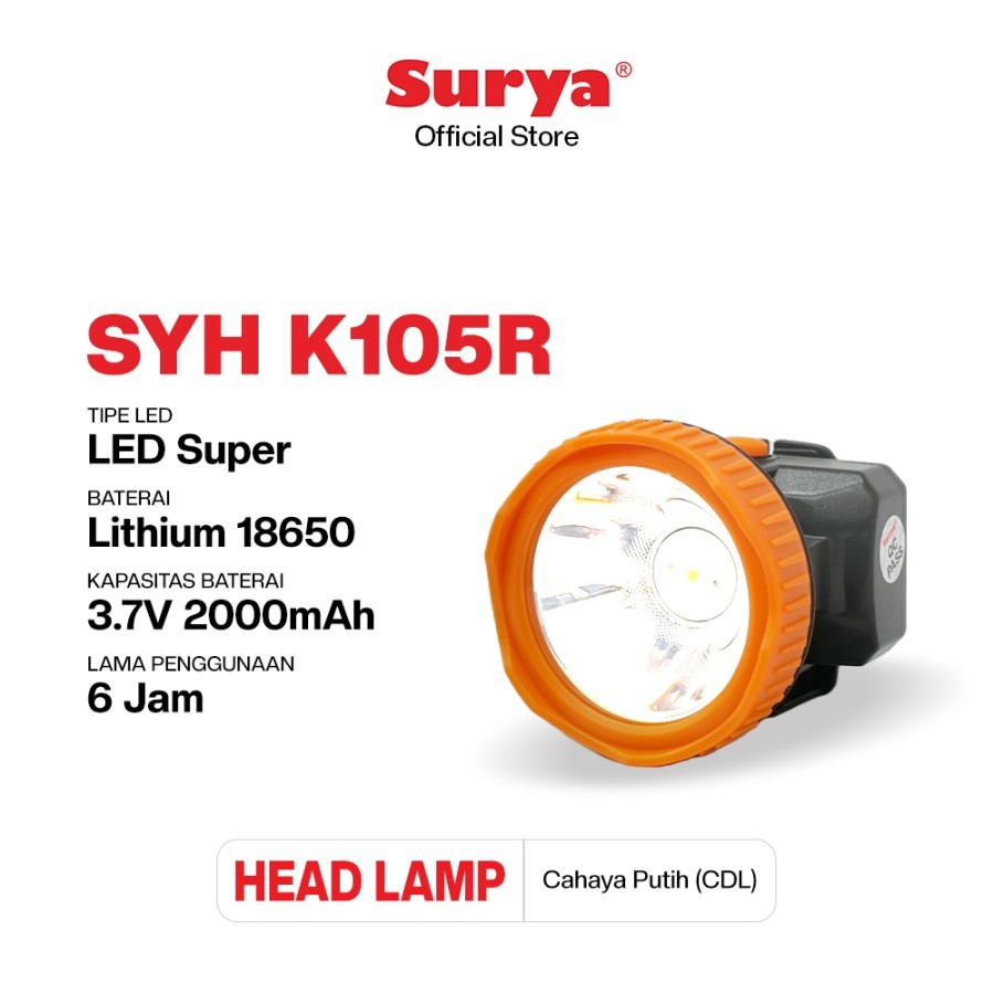 Surya Senter Kepala Selam LED Super Terang Lithium SYH K105R LAMPU PUTIH 10 Watt Super LED Recharge