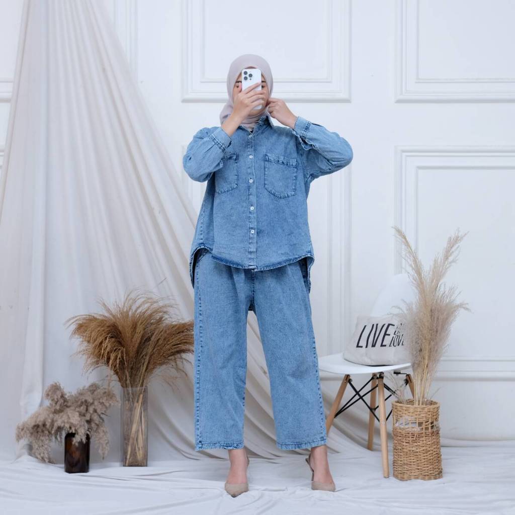 Setelan Kemeja Jeans Belakang Silang / Set Jeans / Setelan Jeans Wanita / Oneset Wanita Kekinian / B