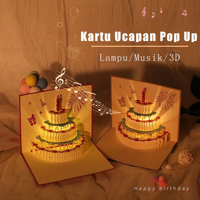 Kartu Ucapan Pop Up Kue Ulang tahun 3D Dengan Lampu Musik Happy Birthday Card