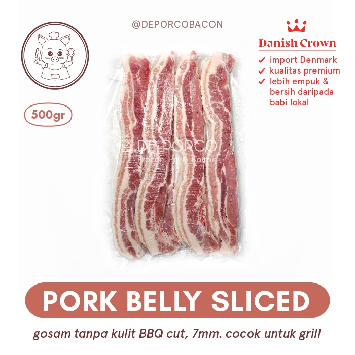 

DEPORCO Sliced Pork Belly BBQ cut Samgyeopsal / Samcan Sancam Gosam Danish Crown Import Denmark (500gr)