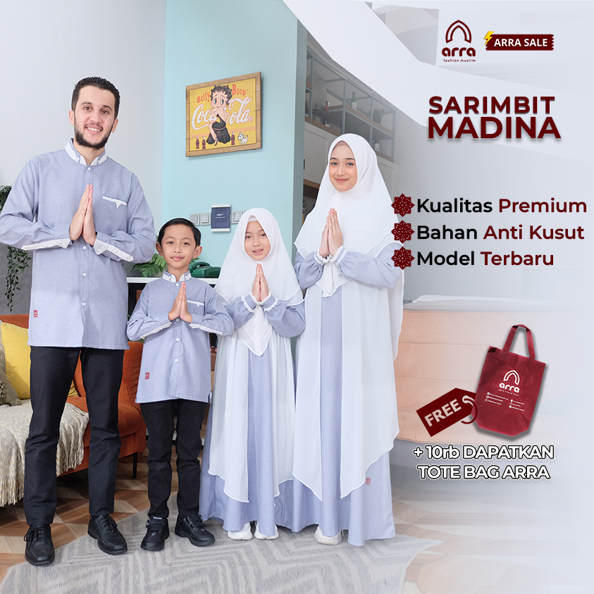 ARRA - Sarimbit Madina Fashion Muslim Keluarga (Koko, Gamis, Kerudung) Gamis Couple Warna Biru Muda 