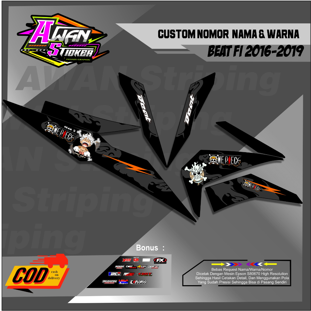 Stiker Stiping Motor Beat 2016-2019 Stiker Transparan  Desain Anime One Piece Tinggal Tempel