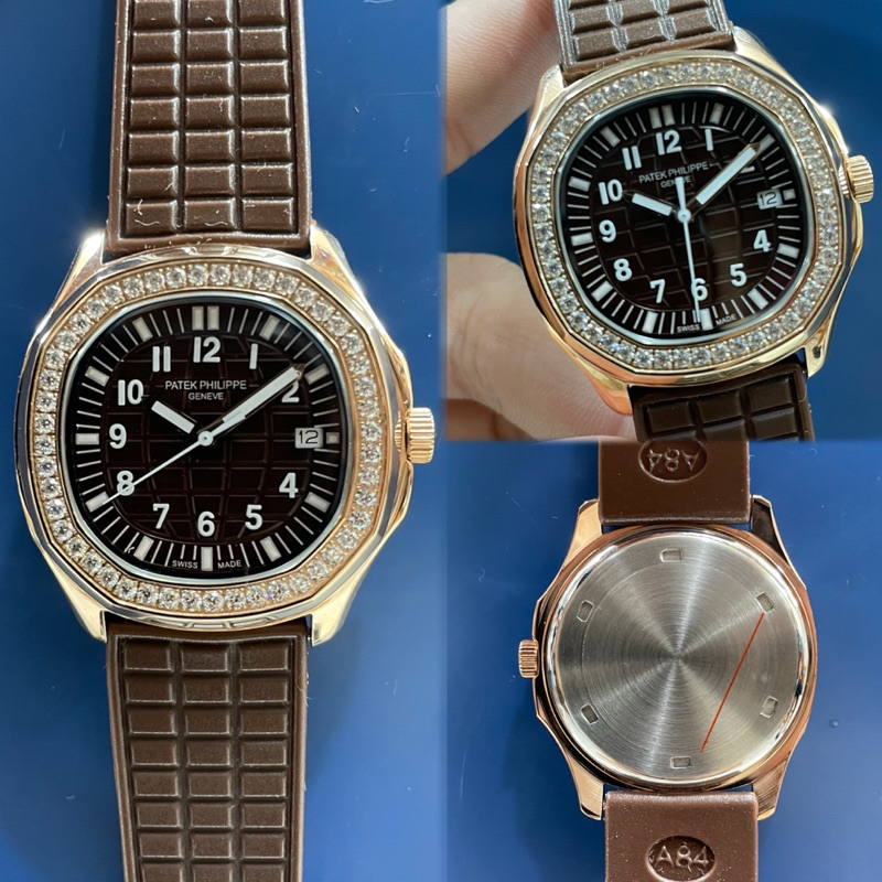 JAM TANGAN WANITA/CEWEK PATEK PHILIPPE AQUANUT DIAMOND RING KARET COKELAT ROSEGOLD PREMIUM JAPAN AAA