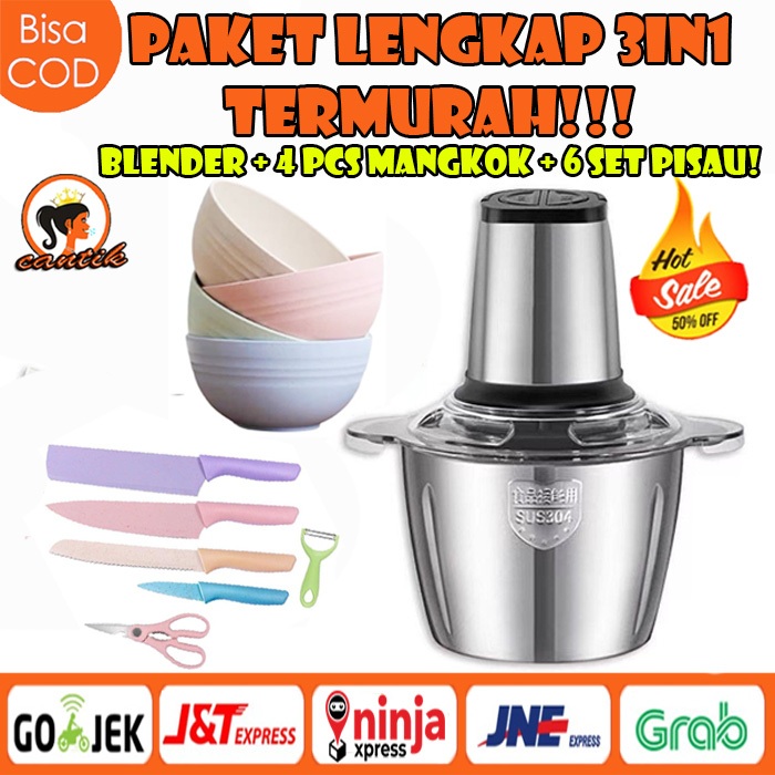 HC [PAKET COMBO 3IN1] BLENDER DAGING STAINLESS 2L + 1 SET PISAU + 4 PCS MANGKUK SET CANTIK
