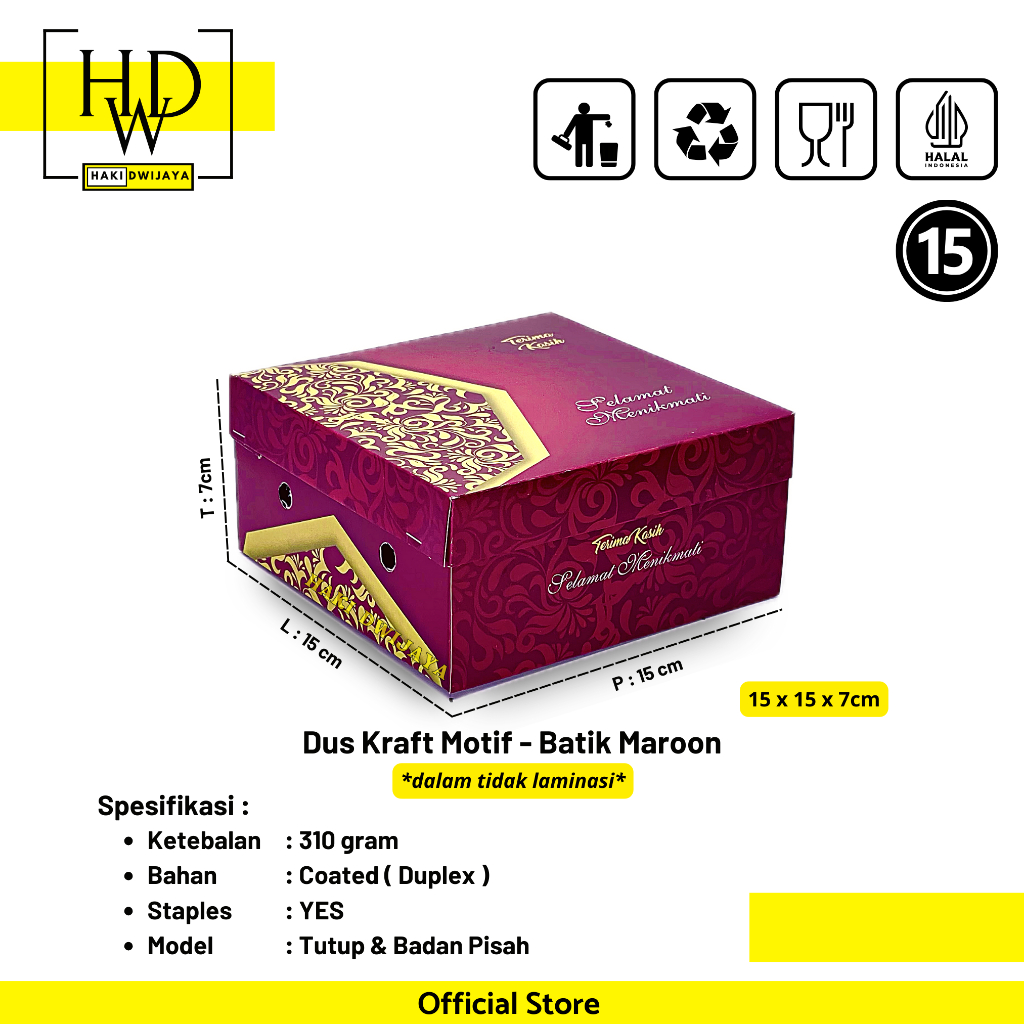 [MIN 20Pcs] Dus / Kotak Nasi 15x15x7cm Full Colour - Motif Batik Maroon