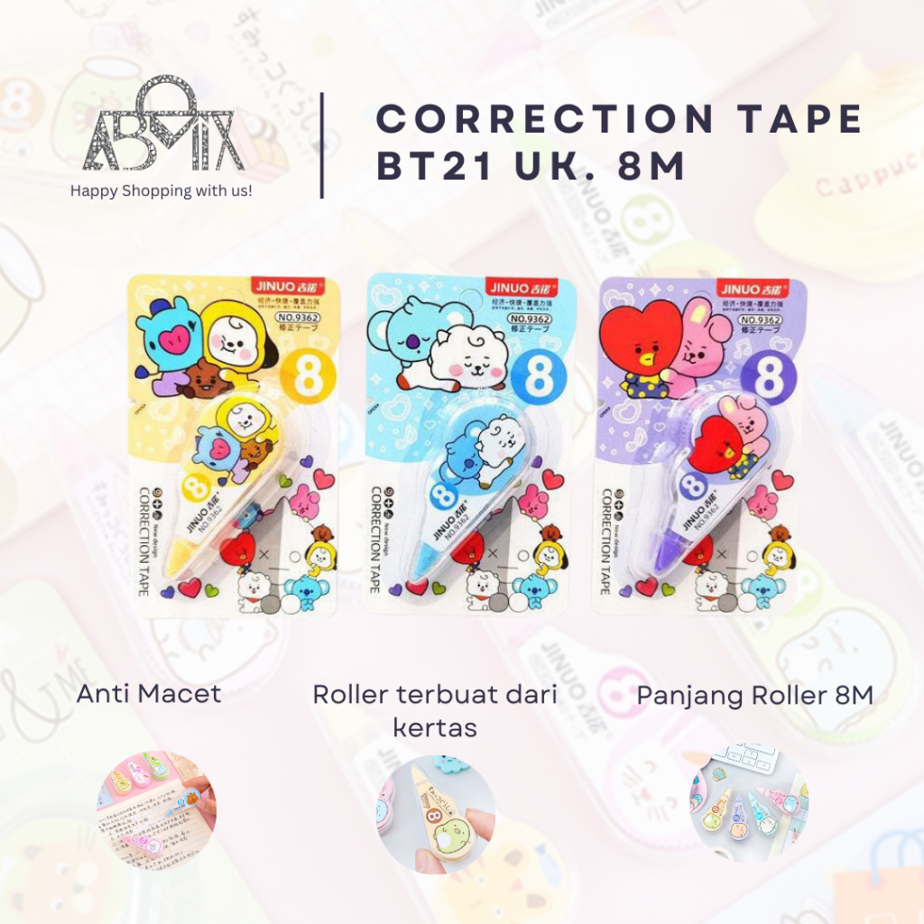 

ABMIX - Correction Tape 8 Meter Students Stationary School Supplies Multiple Color 8M Karakter Lucu Unicorn Penghapus Pena Roll Kertas Mini