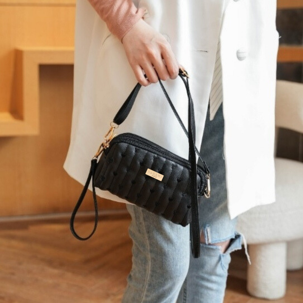 HANAMI Tas Selempang Sling Bag Kecil Wanita Pesta 3 Resleting Kulit Hitam Ginzea Premium Cewek Korea