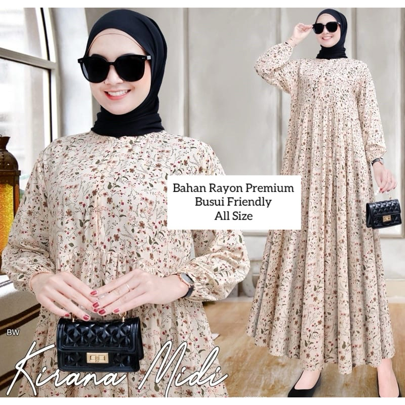 MIDI DRESS WANITA RAYON  / GAMIS RAYON ADEM BUMIL BUSUI FRIENDLY JUMBO-Kirana BW (Krem)