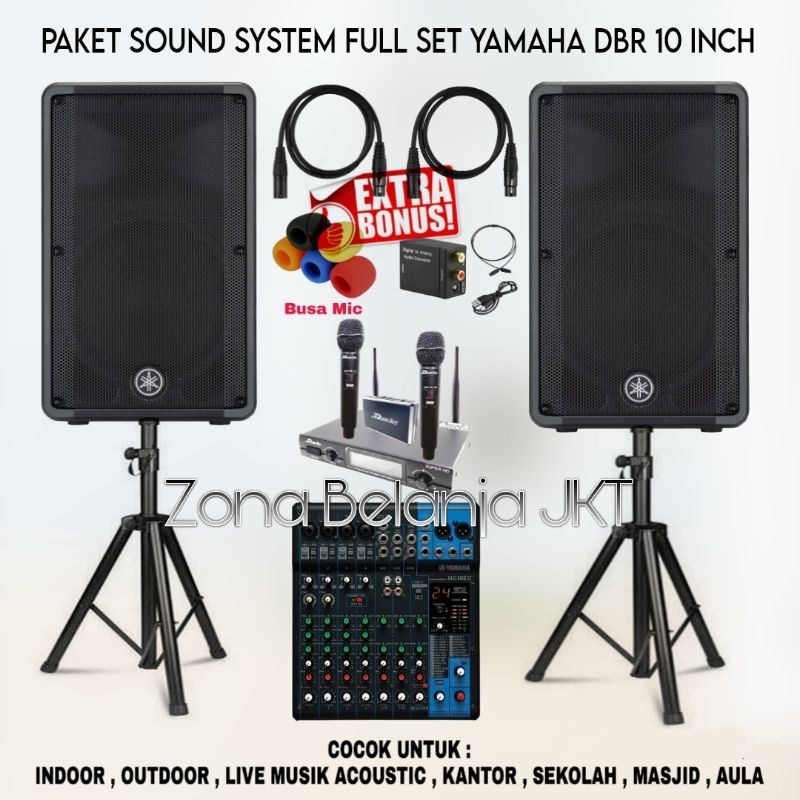 PAKET SOUND SYSTEM INDOOR OUTDOOR FULL SET SPEAKER YAMAHA DBR 10 INCH AKTIF MIXER YAMAHA 10 CHANNEL 