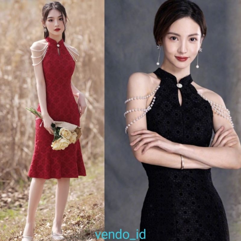 dress acara halter neck sabrina studed rantai chain cocktail party event pesta nikah wedding birthda