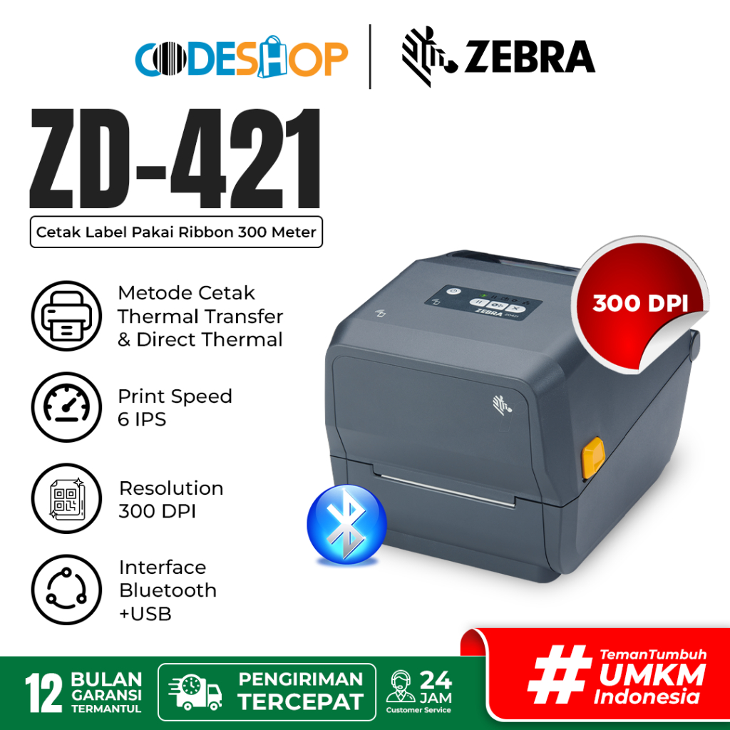 

Printer Termal Transfer Zebra ZD 421 Print Resi Barcode Gudang USB + BT