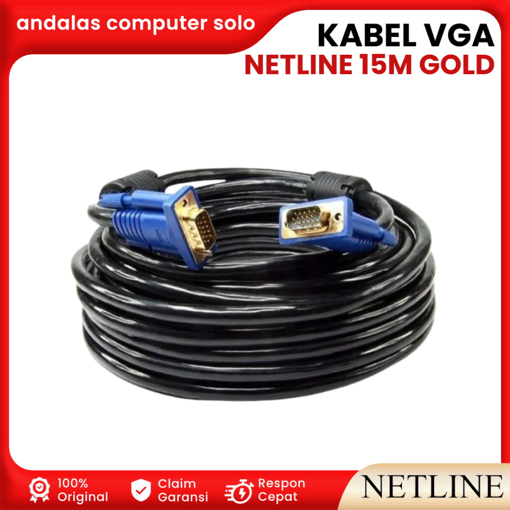 Kabel VGA Monitor 15 Meter NETLINE Gold Plated Komputer Monitor