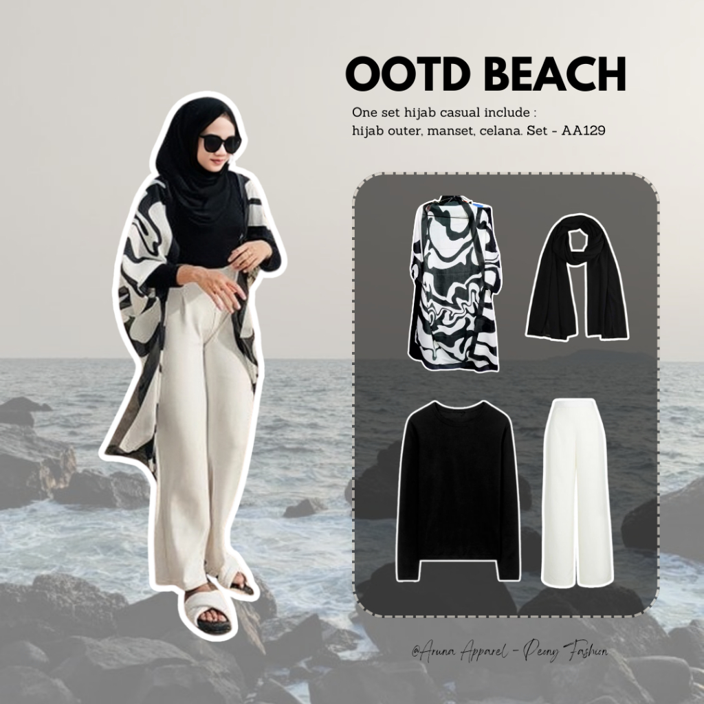 4in1 One Set Hijab OOTD Korean Style Outfit Cewe Kekinian Outfit Pantai Hangout Study Tour Setelan W