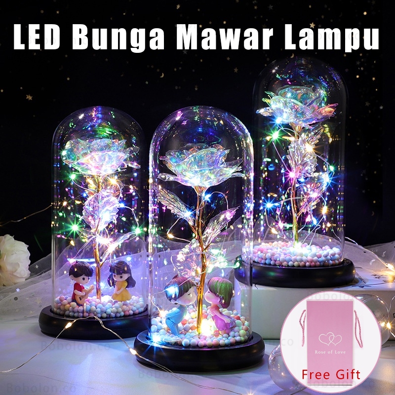 Lampu LED Bunga Mawar Dekorasi Kado Valentine Hiasan, Rose In Glass Dome,Rose Lamp Led Light