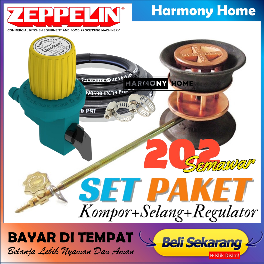 Paket Kompor Zeppelin ZPL 202 +Selang Gas Hitam+regulator Quantum Non Meter Semawar Tekanan Tinggi K