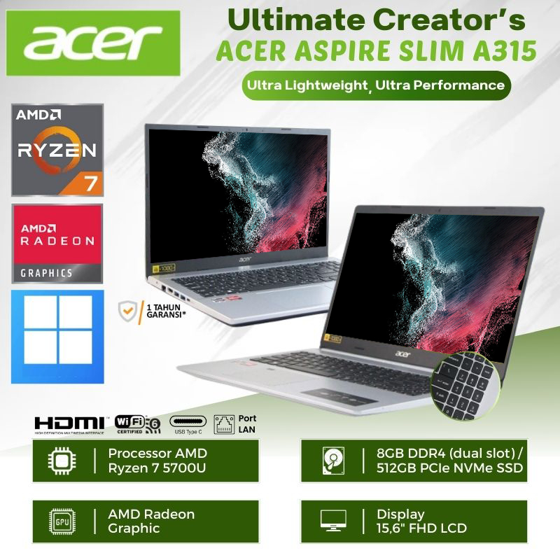 Laptop Multitasking Acer Aspire Slim A315 R9GQ Amd Ryzen 7, 8GB, 512GB SSD, 15.6" Full HD, Free Install Windows