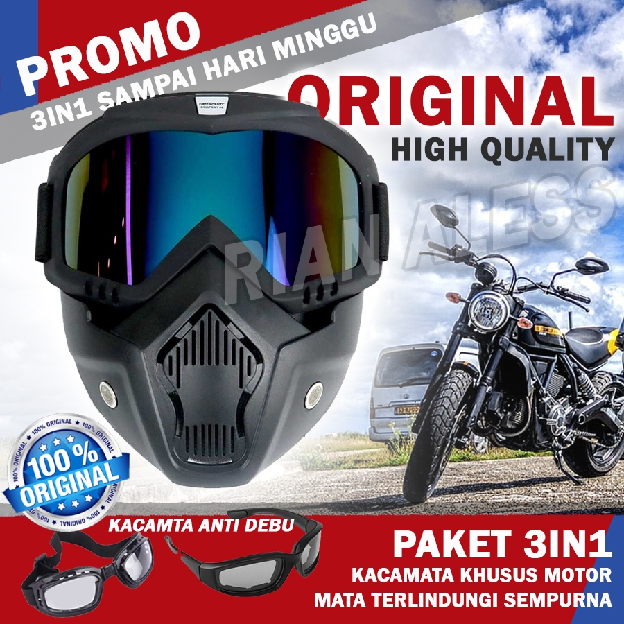 Kacamata Masker Helm Motor Full Face Masker Kaca Mata Pelindung Wajah Anti Debu Helm Helem Retro Ori