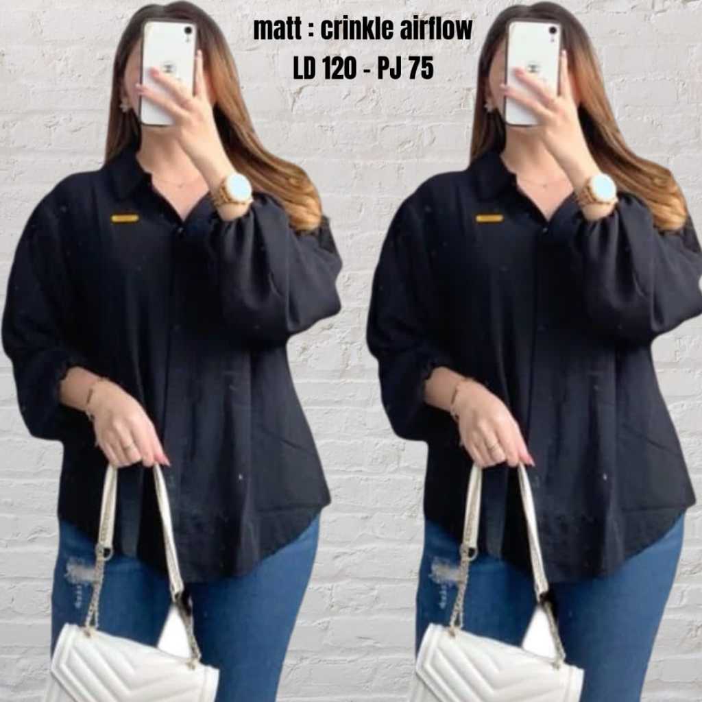 Kemeja Jumbo Polos Bahan Cringkel Lengan Balon