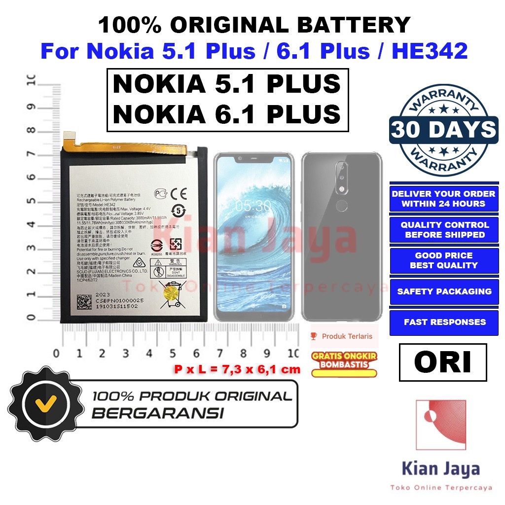 [Garansi 100% Ori] Baterai HE342 Untuk Handphone Nokia 5.1 Plus X5 TA-1120, TA-1105, TA-1102 / Nokia