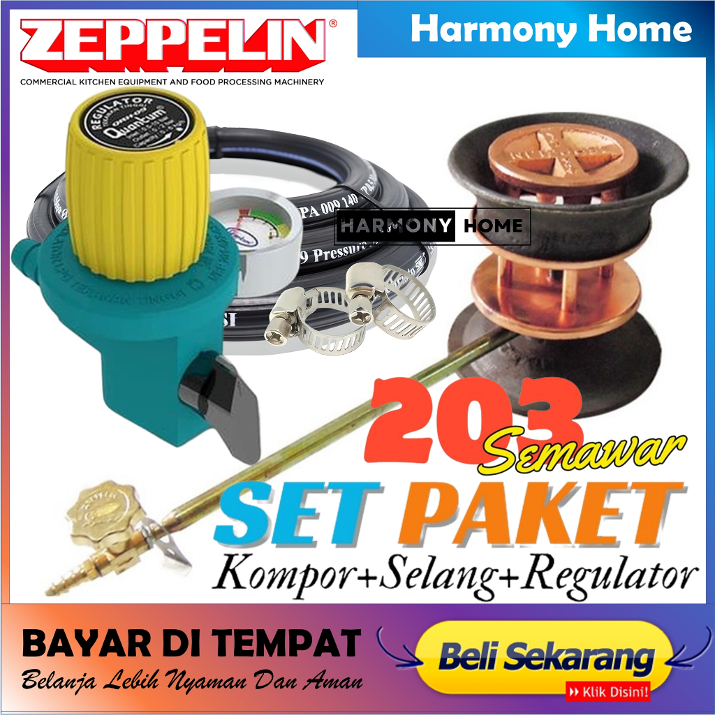 Paket Kompor Zeppelin ZPL 203 +Selang Gas Hitam+Regulator Quantum Meter Semawar Tekanan Tinggi Kompo