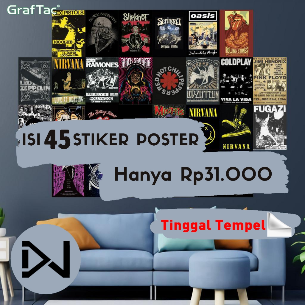 STIKER POSTER BAND ISI 45pcs | DELUSIONWALL | STIKER DINDING BAND | TINGGAL TEMPEL | STIKER CROMO GR