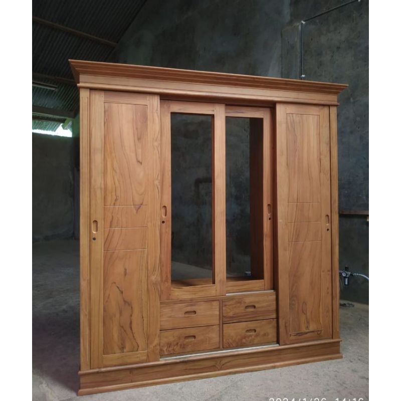 LEMARI PINTU 4 SLIDING JATI_LEMARI PAKAIAN MINIMALIS_LEMARI MODERN JEPARA